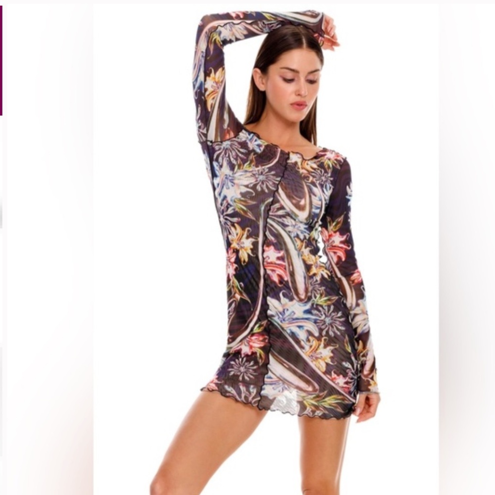 Aqua Bendita Hadley floral print mech long sleeve mini dress cover up Small S